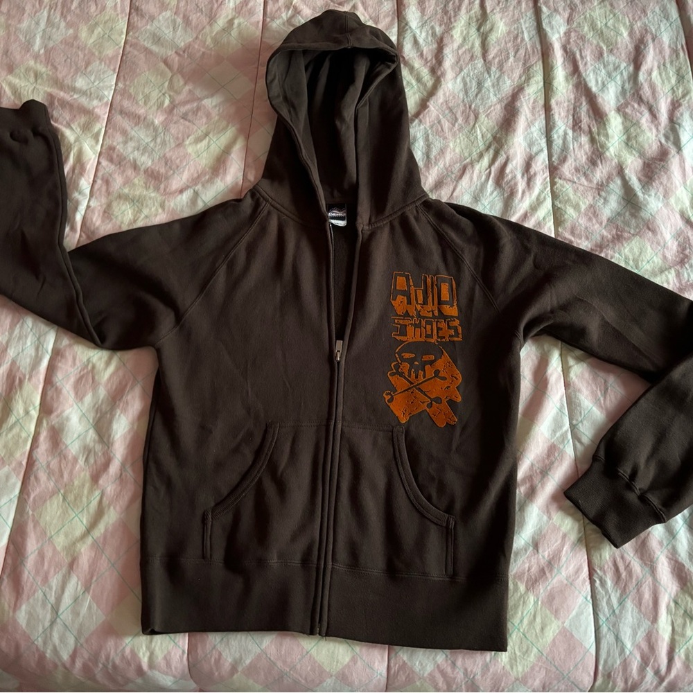 Adio Zip-Up Hoodie Y2K Brown & Orange Small. Skull & crossbones front & back New